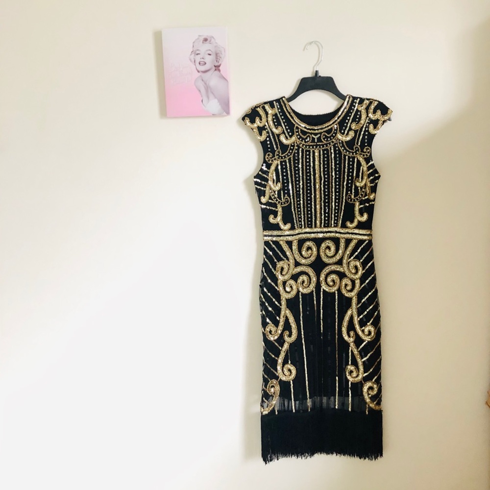 1920s Vintage Gold & Black Dress